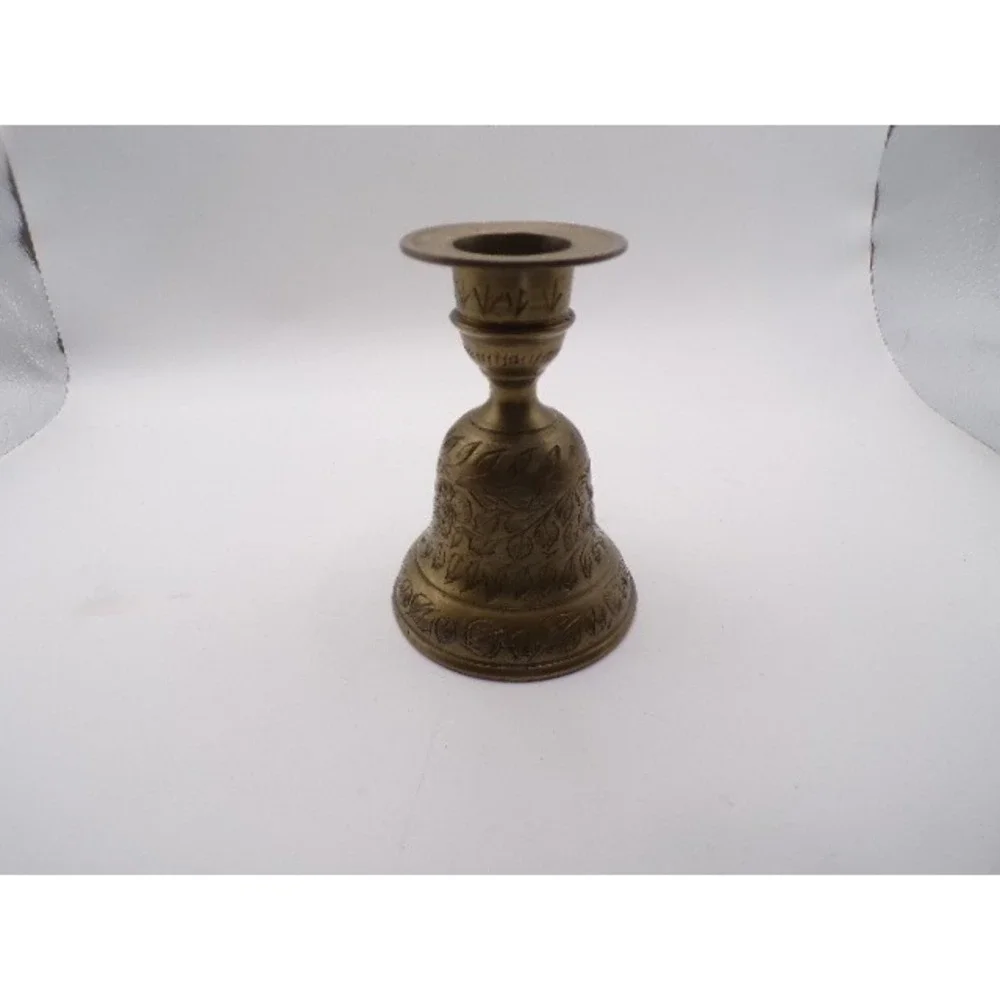 Vintage Brass Bell Shaped Candlestick Holder Floral Etched Tabletop Decor